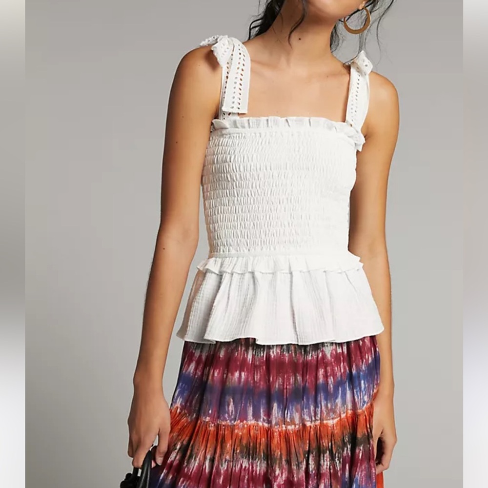 NWT Anthropologie Eri + Ali White Smocked Peplum Tank Top size large